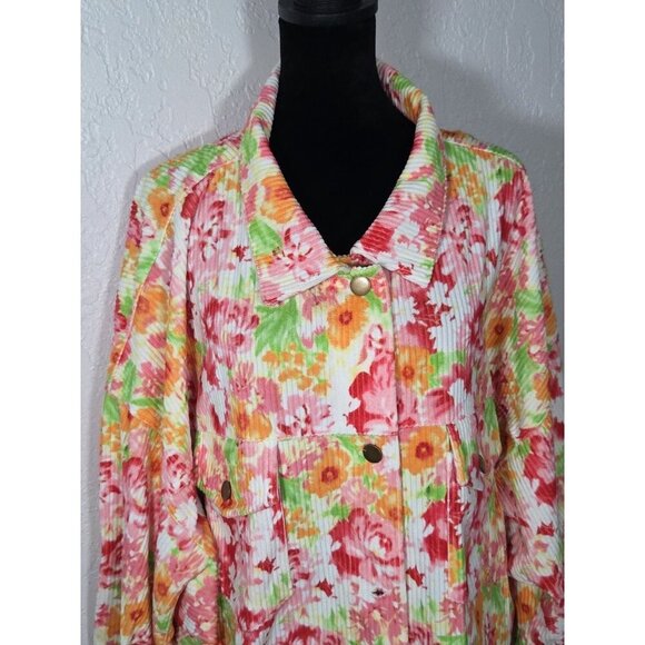 Emily Wonder Multicolor Floral Print Colorful Ribbed Button Down Jacket 2X - Picture 2 of 7